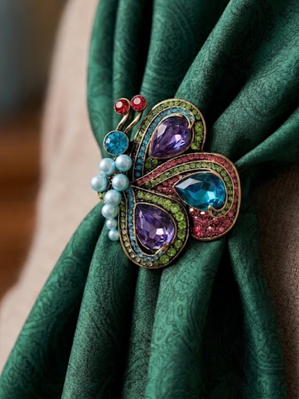 Butterfly Brooch Pin Multicolor Rhinestone Crystal Faux Pearl Vintage Style New - Picture 7 of 8